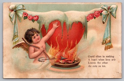 Postcard Valentines Day Cupid Bow Arrow Fire Melting Frozen Heart Poem ...