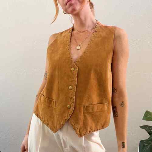 Vintage 100% Leather Western Tan Suede Vest Jacket - image 1