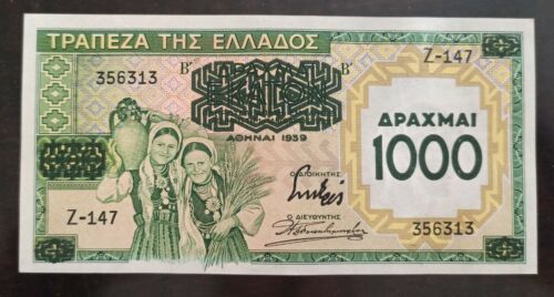 Unc GREECE 100 Drachmai 1939 π¬π· OVERPRINT 1000 π¬π· Grece Grecia Griechenland