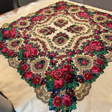 Vintage Russian Floral Wool Shawl Cream Red Rose Fringe Scarf 43"x 41" Folk Art