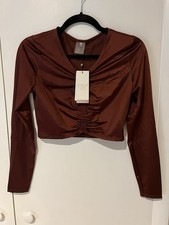 NWT Calia Rash Guard Small Long Sleeve Ruched Top Red Brown Womens Swim Shirt