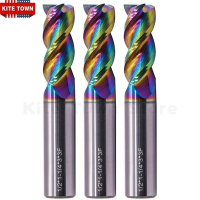 3Pcs 1/2'' 45° Helix 3 Flute Carbide Square End Mill For Aluminum - DLC Coated