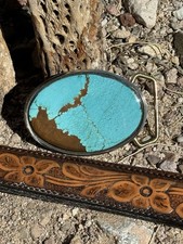 Western Belt Buckle 8 MINE TURQUOISE Custom Solid Brass     USA