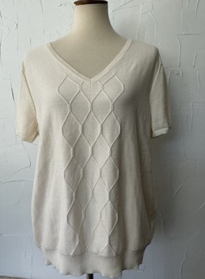 Basic Editions XL Ivory Knitted Top Short Sleeve Stretch Preppy Classic NWT
