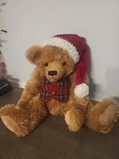 16" Transpac Access, Inc Plush Brown Bear With Santa Hat And Plaid Vest
