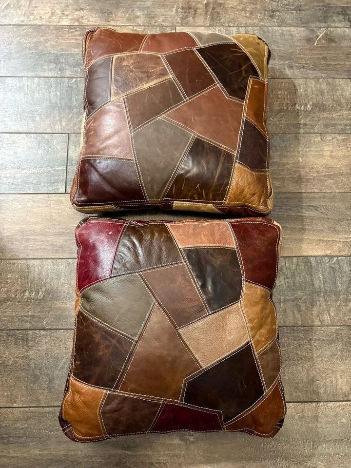 2x Vtg 1980s Leather Patchwork Throw Pillows Side Zip 17"X17" w Inserts - Image 2 of 4