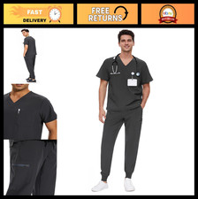 Men's Scrubs Set - V-Neck Top  Jogger Pants, 4 Pockets Top, 7 Pockets Pants