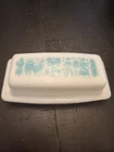 VTG Pyrex Amish Butter Dish +Lid 7" Rooster Farm White Milk Glass Turquoise Blue