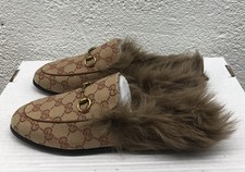 GUCCI Brown GG Monogram Velvet Princetown Fur Mule Loafers EU 36 US 6 L220
