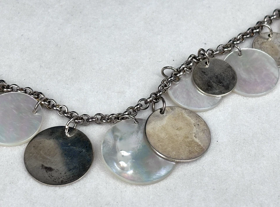 Collar y pulsera de plata de ley 925 colgante círculo disco redondo madreperla Foto 3 de 4