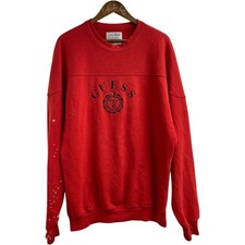 Guess Crewneck Sweatshirt Red Sewn Vintage XL Bleach Distressed