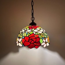 Tiffany Style Hanging Lamp Stained Glass Rose Flowers LED Bulb 60”H*12"W*12"D