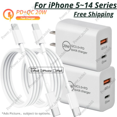 20W USB-C Power Adapter Block PD Fast Charger Cable For iPhone 14 13 12 11 Pro X