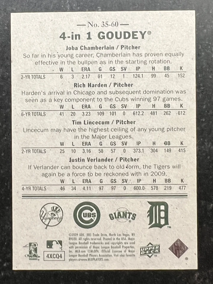 2009 Upper Deck Goudey 4-in-1 Blue Verlander Lincecum #60 - Image 2 of 2