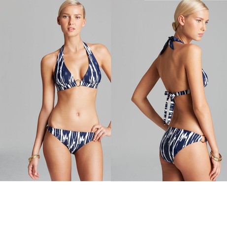 Sujetador Halter Shoshanna Azul Marino Blanco ICAT Talla C Copa Anillo y Talla M Anillo Hipster Bikini - Imagen 1 de 14