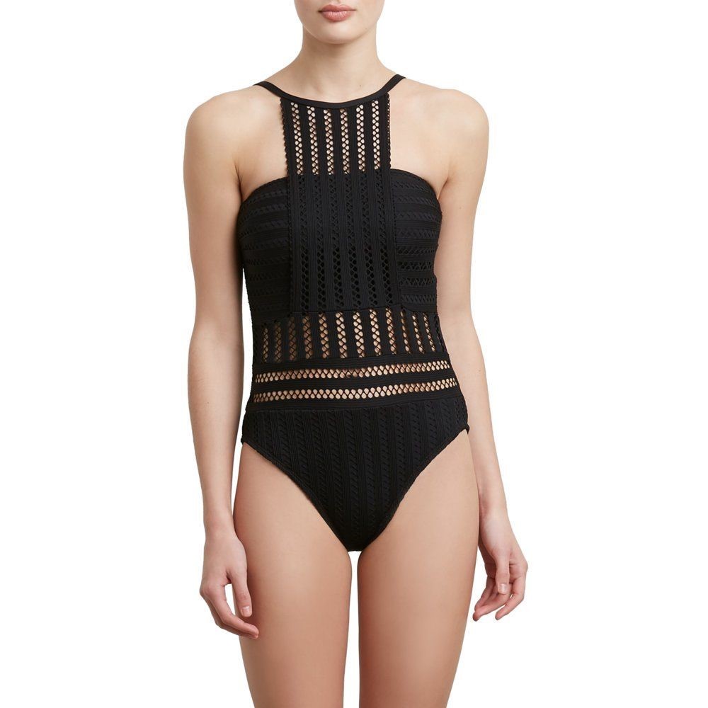 Kenneth Cole Black Perforated Bandeau One Piece Swimsuit Women's