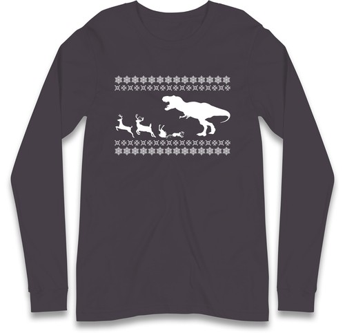 Funny T-Rex Ugly Christmas Full Sleeve TShirt,Dinosaur Chasing Reindeer Gift Tee - Picture 9 of 10