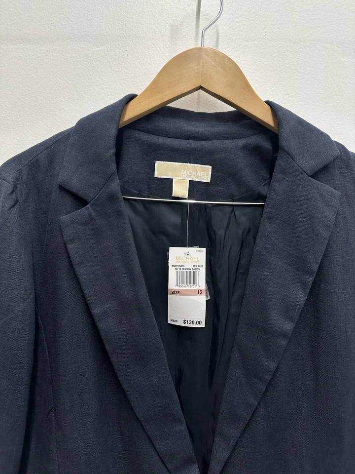 Nwt MICHAEL KORS Women's Blue Ruched Sleeve One-button Blazer Jacket Size 12 - Image 2 of 4