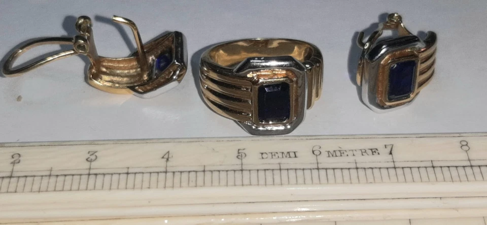 Parure Anello e orecchini zaffiro argento vermeil francia 1950s - Immagine 4 di 4