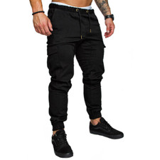 Mens Elasticated Waist Cargo Combat Work Trousers Joggers Pocket Cuffed Pants UK