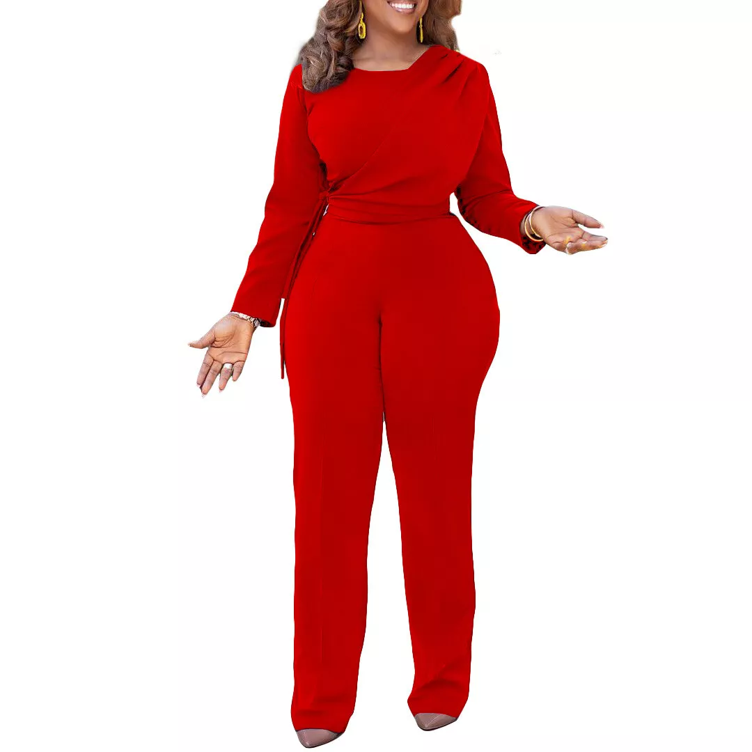 Women's Plus-size Autumn/winter Fashion Long Sleeve Solid Wide Leg Jumpsuit