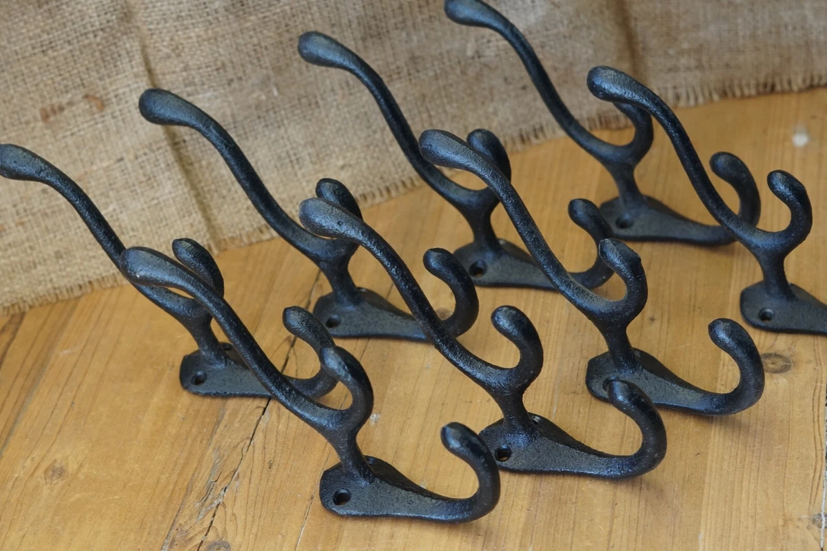 20 Cast Iron TRIPLE SCHOOL Style Coat Hooks Hat Hook Rack Hall Tree Tack  Black