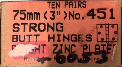 75mm (3"), No 451, Strong Butt Hinges, Bright Zinc Plated. - Imagen 2 de 2