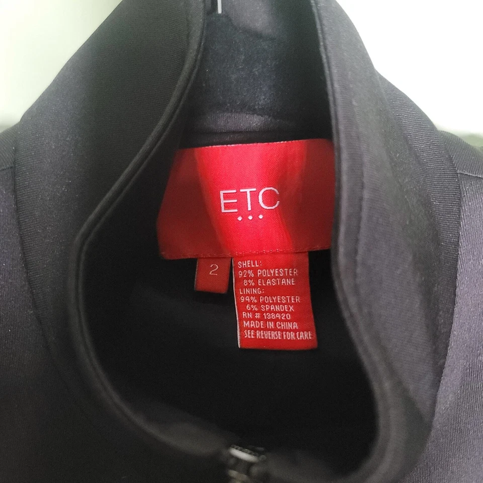 Womens Black Scuba Jacket Full Zip Pocket Mock Neck Casual Neutral Stretch ETC 2 - Image 2 of 4