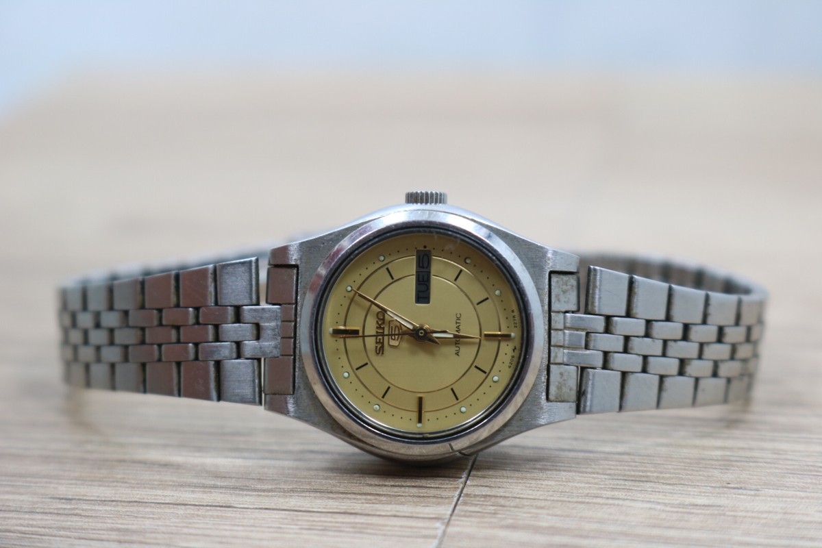 Seiko 5 AUTOMATIC Gold Dial Vintage Analog Watch Stainless Steel