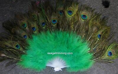 Vintage Peacock green  Feather Holding Hand Fan~Halloween Party USA seller 