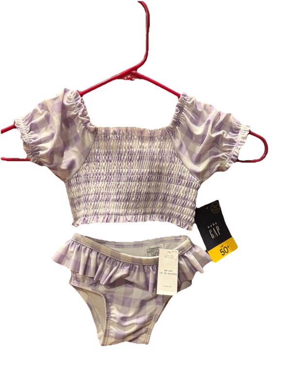 NWT Baby Gap Girls UPF 50+ Lavender Gingham Plaid Two Piece Swimsuit 12-18 Mo