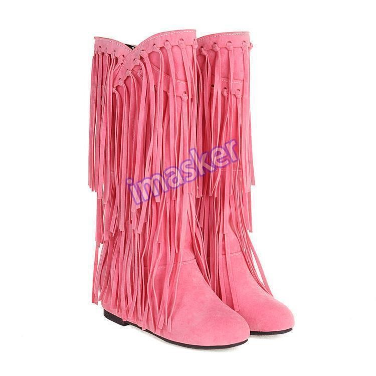 Women's Fringed Low Wedge Heel Suede Pull On Mid Calf Boot Winter Shoes Oversize