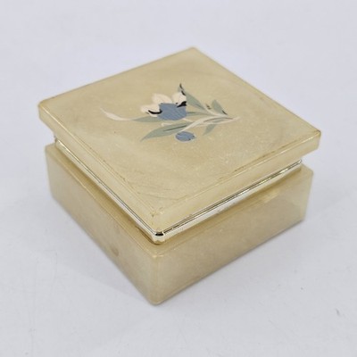 Vtg Alabaster Vanity Trinket Jewelry Powder Hinged Box Floral Violets Pattern
