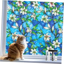  Stained Glass Window Film, Window Privacy Film 17.4 x 78.7 inches Blue Lily