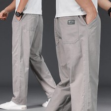 Mens Elastic Waist Trousers Relaxed Fit Cotton Casual Summer Pants Loose