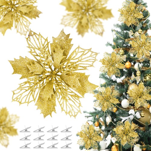 36 Pcs Christmas Glitter Poinsettia Flowers Artificial Flower Ornaments Fake