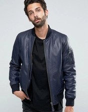 Blue Leather Jacket Men Flight/Bomber Pure Lambskin S M L XL XXL Custom Fit- 345