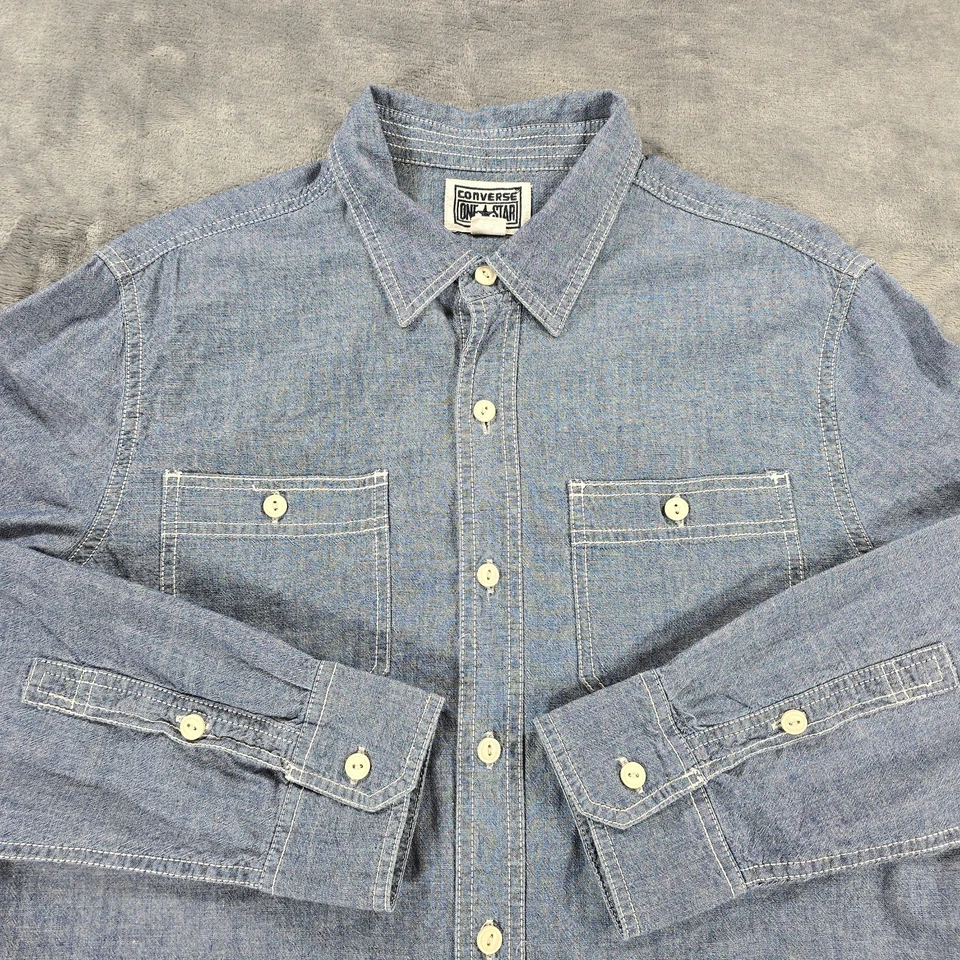 De Colección Converse One Star Denim Camisa con Botones Para Hombres M Azul Retro Informal Manga Larga Y2K Foto 3 de 4