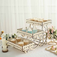 22 in Natural 3 Tier Laser Cut Rectangle Wooden Cupcake DESSERT STAND Events