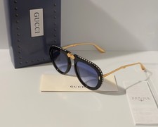 Gucci GG0307S 002 Foldable Sunglasses Black Crystal Studded Blue Lenses
