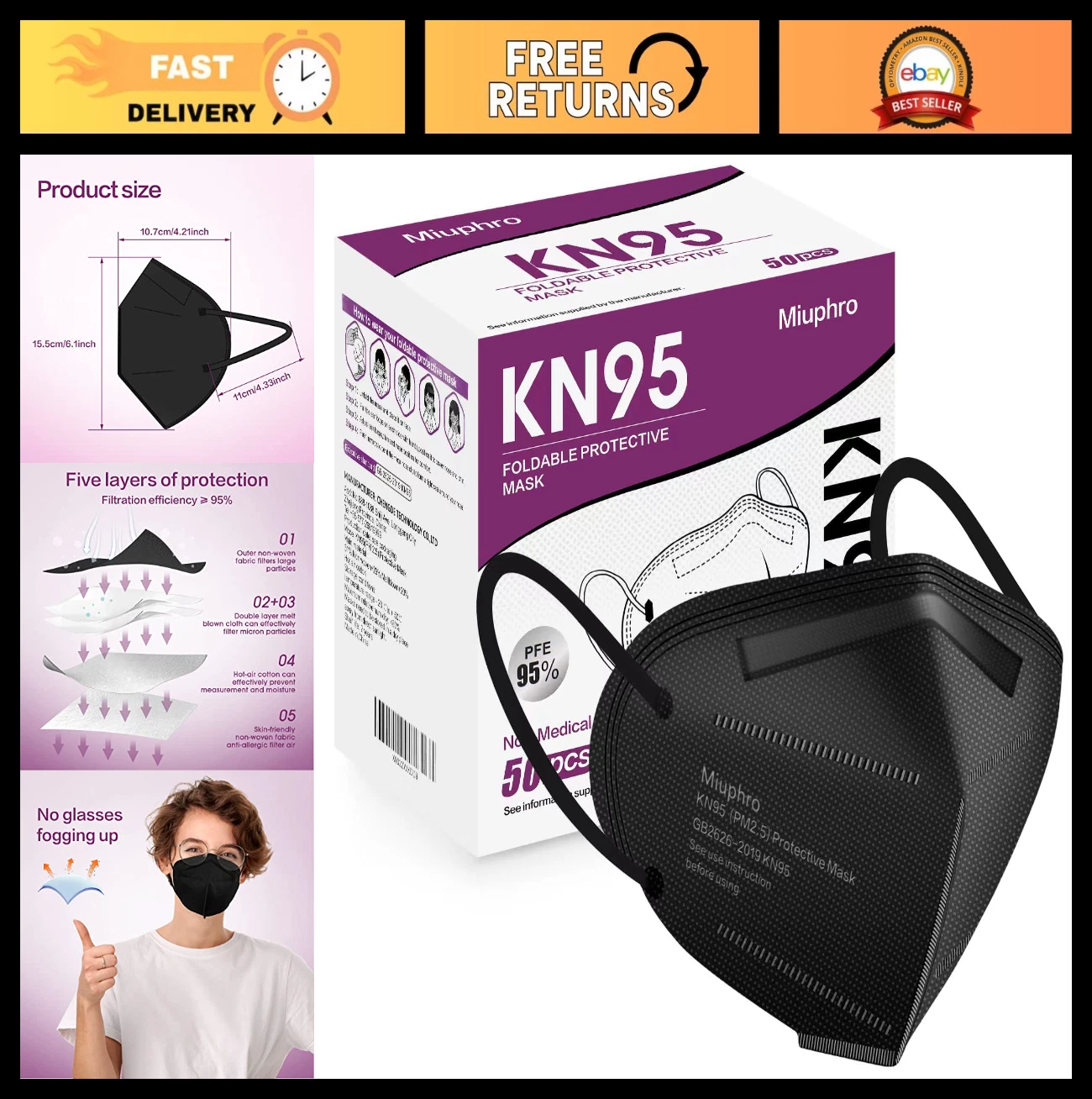 50 Pack KN95 Disposable Masks, 5-Layer Foldable Safety Face Masks, Dust Protecti