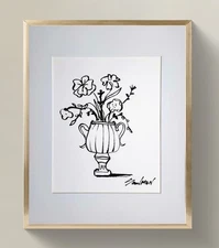 Original Ink Floral Drawing on Watercolor Paper_ Minimalist Art Signed by Artist