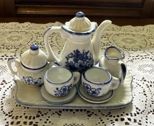 Miniature Tea Set Vintage Delft-Style Porcelain 10 Pieces Blue & White