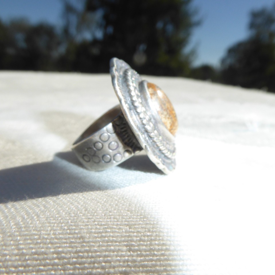 NATIVE AMERICAN STERLING SILVER STAMPED WORK JASPER NAVAJO RING SIZE 6. ...