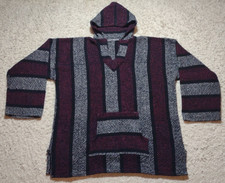 Mexican Poncho Hoodie Men's L Black Burgundy Woven Drug Rug Baja Hippie Beach