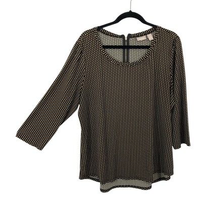 Chicos 3 Black Tan Polka dot slinky knit Tunic Size XL Exposed Zipper Pullover