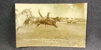 1910s Rodeo Bareback Bronco Busting Bryan Roach Cowboy Photo Postcard RPPC K54