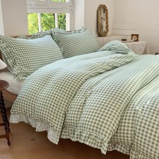 Sage Green Gingham Ruffle Duvet Cover Queen Size 3 Pieces Soft Pre-Washed