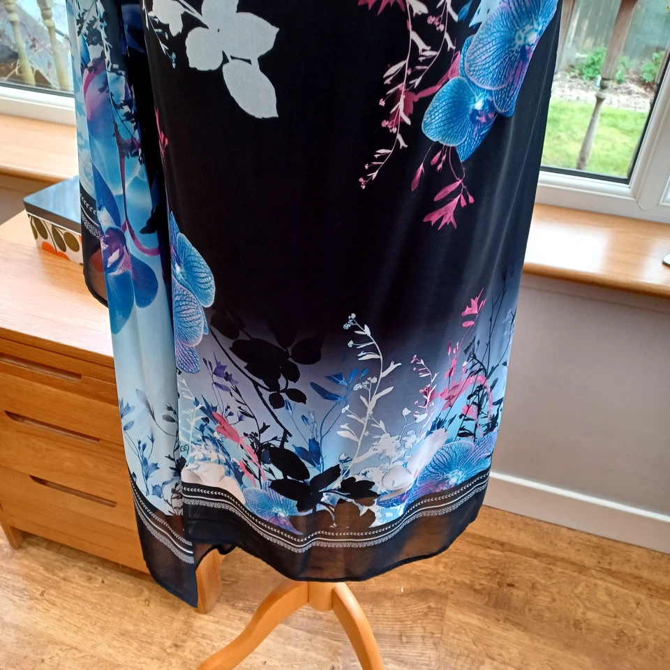 Lipsy Black Blue Floral Chiffon Asymmetric Dress 14 Floaty Scarf One Sleeve - Image 4 of 4