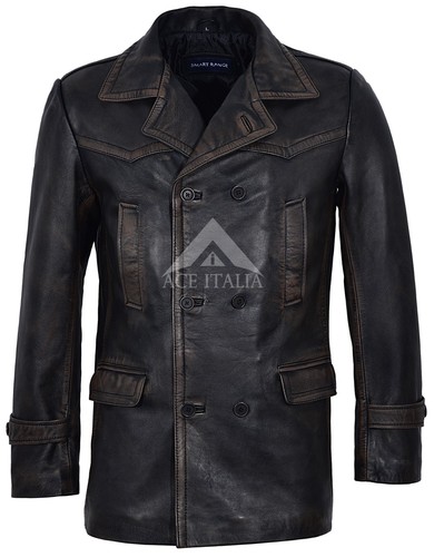 WW2 Mens Leather Pea Coat Double 